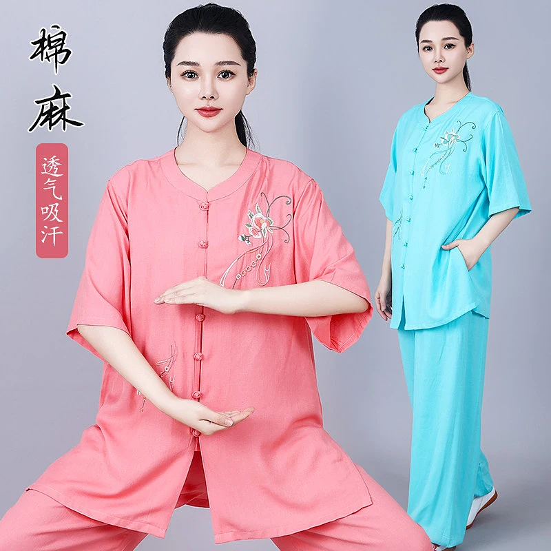 Women's Linen Cotton Embroidered Tai Chi Suit Summer Short Sleeve Martial Arts Training & Baduanjin Exercise Wear 2-Piece Set fo