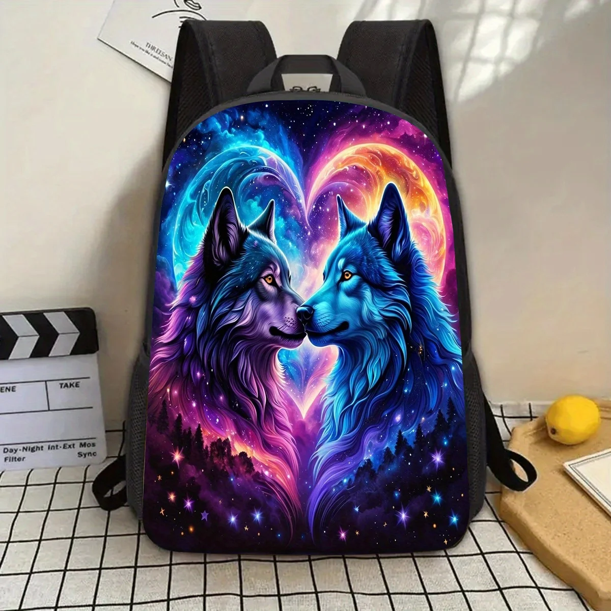 

A 17-inch laptop backpack with a dream Wolf and cosmic galaxy print, lightweight, durable and adjustable