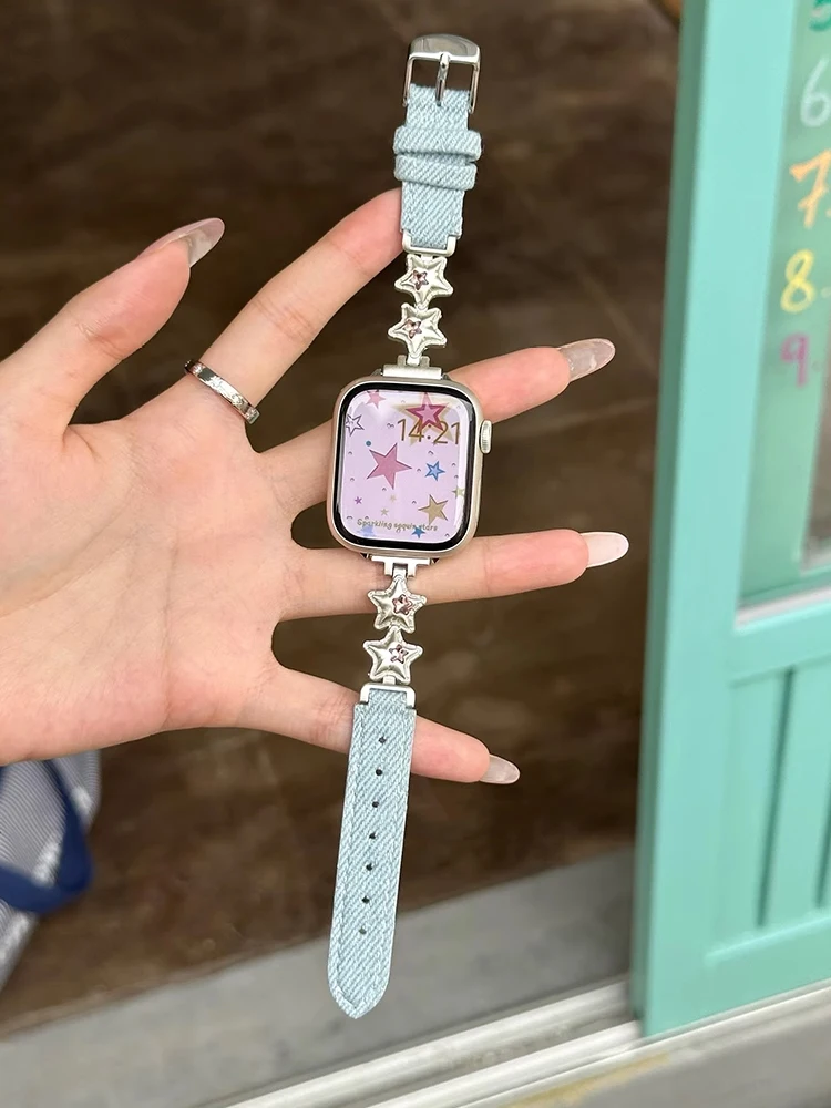 الفاخرة الماس ستار الفرقة ل أبل الترا 10 9 8 7 6 SE 5 الدنيم سوار حزام ل iWatch 38 مللي متر 40 مللي متر 41 مللي متر 42 مللي متر 45 مللي متر 46 مللي متر 49 متر