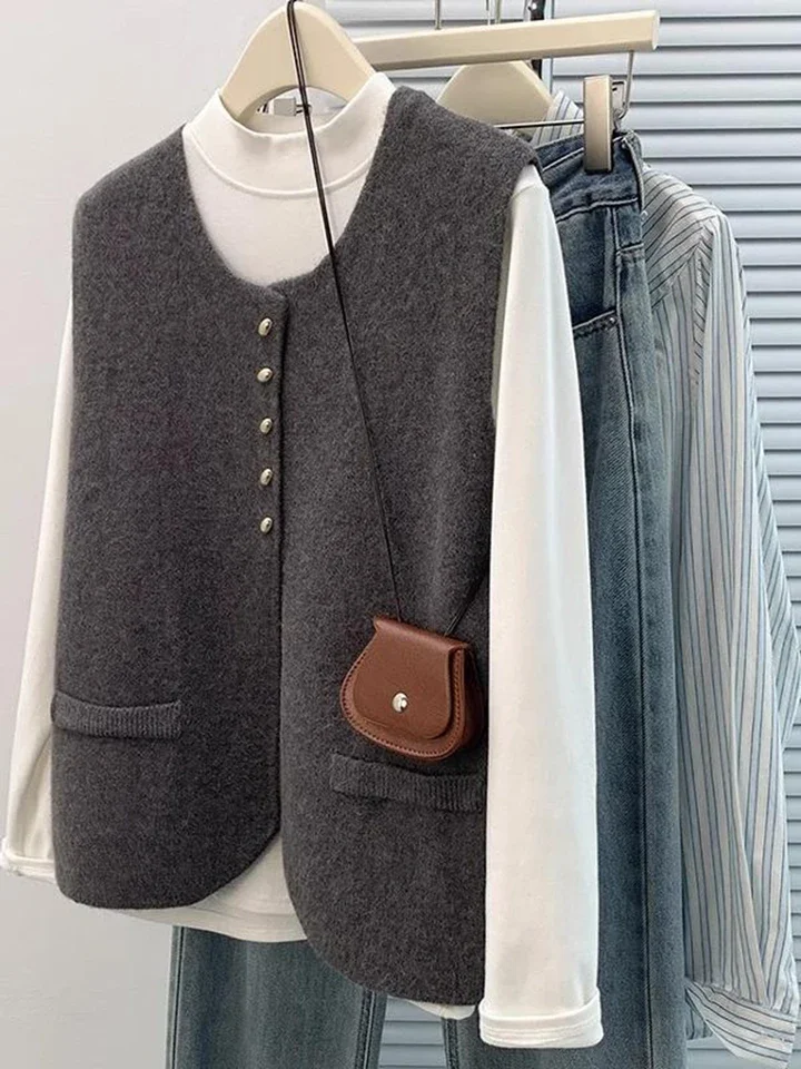 Elegancka kamizelka swetrowa damska na wiosnę, francuski kardigan dziergany, top bez rękawów, luźny, jednolity kolor, podkreślający temperament.