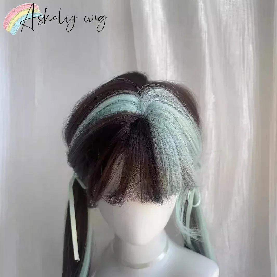 Ashely Ombre coklat cahaya hijau Wig panjang Shtraight Wig dengan poni JK Cosplay Headband Wig murah Pelucas Realistas Mujer