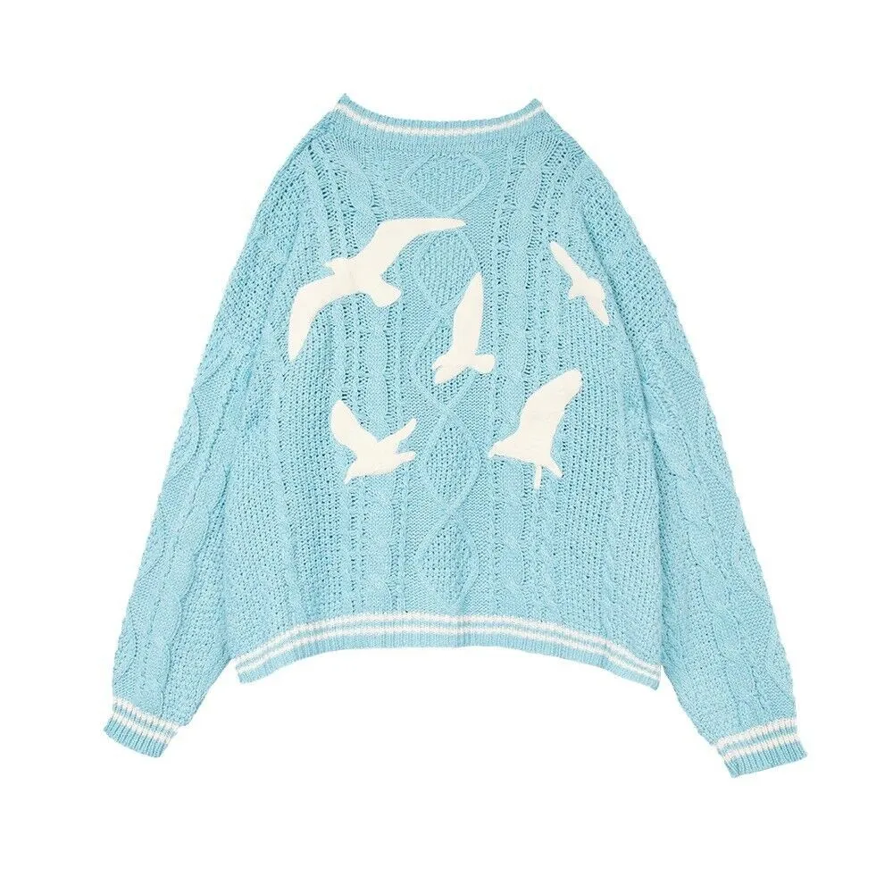 New Blue 1989 Cardigan For Women Bird Embroidery Special Knit New Arrival Autumn Winter Slouchy Style Vintage Sweater