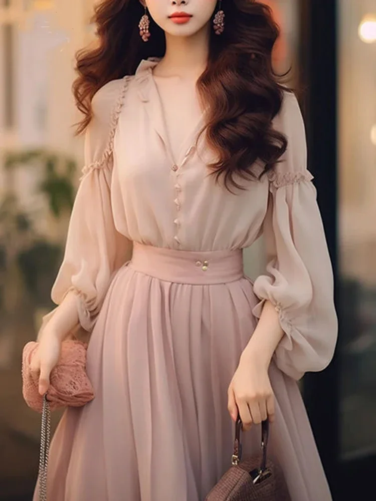 

Elegant Pink Fashion YK2 Long Sleeved Two Piece Set Sweet Spring Slim Fit Dress New French Women's Beach Party Chiffon Dress