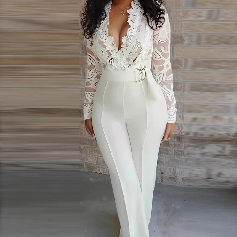 وزرة الدانتيل غير رسمية خياطة بلون حللا طويلة موضة هايت الخصر سليم السروال القصير أنيقة الخامس الرقبة طويلة الأكمام بلايسوت