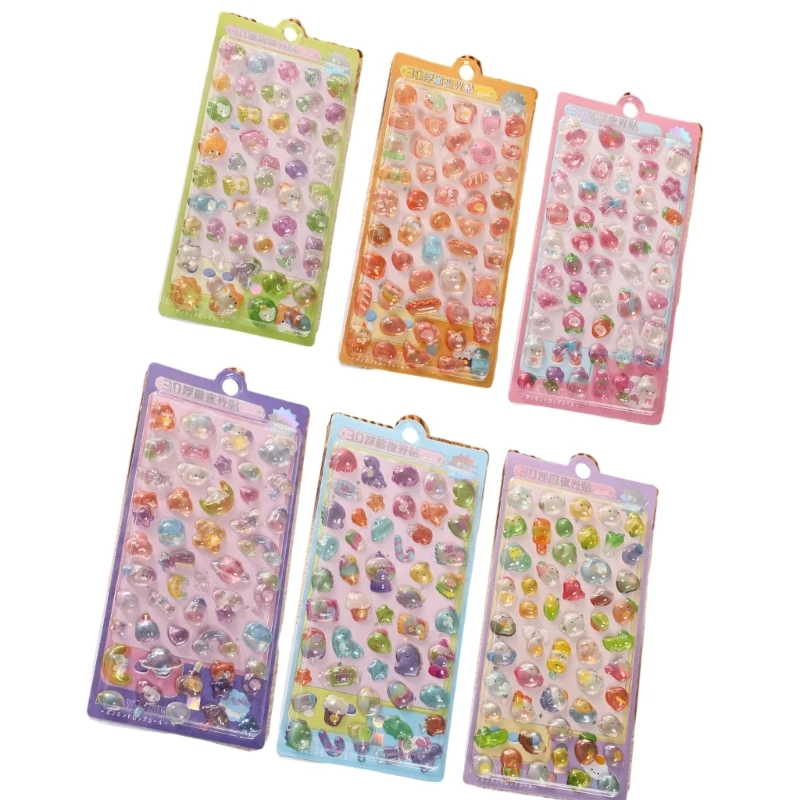 6Pcs Cartoon Embossed Stickers With Crystal Design For Early Childhood Play And Craft Scrapbooking Educational Project