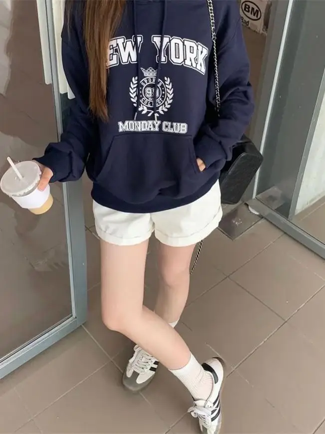 Felpa da donna retrò americana Sle Crew Ne, versione coreana casual, design versatile con stampa Fce, vestibilità ampia foderata