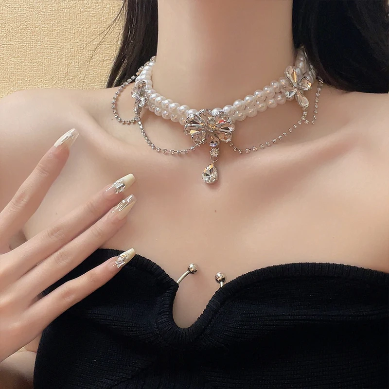 

Elegant Luxury Crystal Rhinestone Pearl Necklace Women Exaggerated Dress Collar Choker Bride Jewelry Necklace Trendy