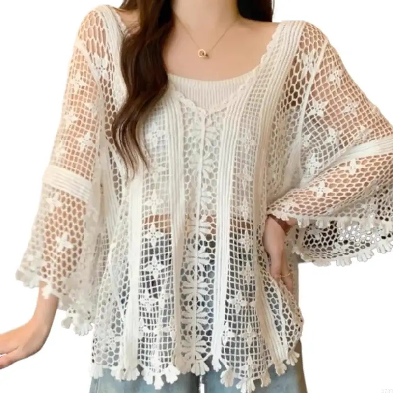 270d الأنيق متماسكة أعلى جوفاء خارج البلوزات مطرزة على أعلى محصول الأكمام الطويلة للنساء #2