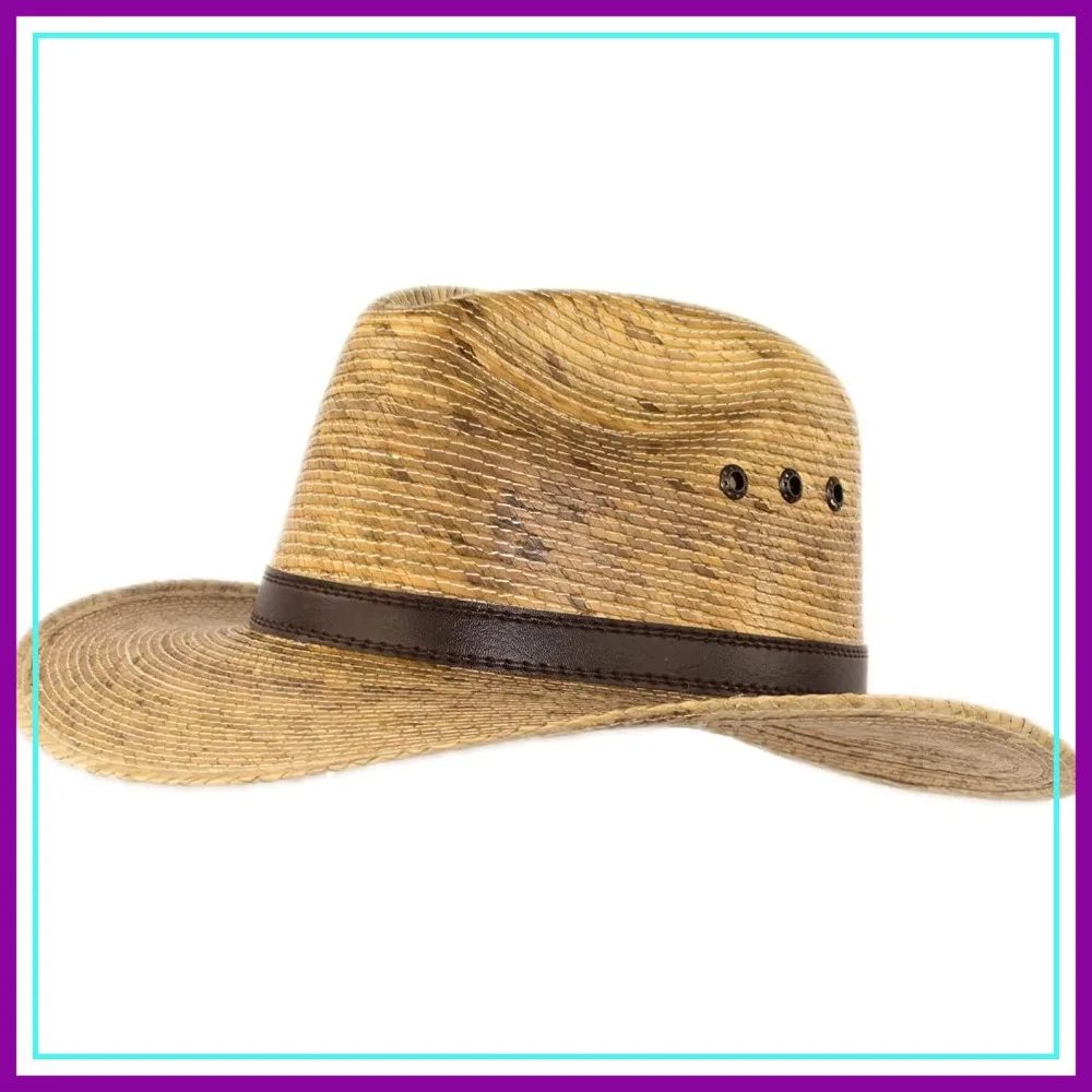 

Big Wide Brim Natural Palm Leaf Straw Cuban Gaucho Fedora UPF Sun Hat Flex Fit