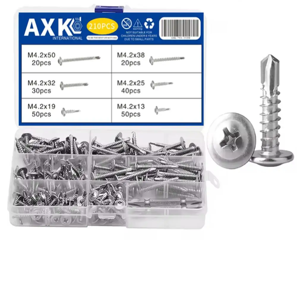 210pcs/410 stainless steel cross head washer self drilling screws, M4.2 large flat tapping