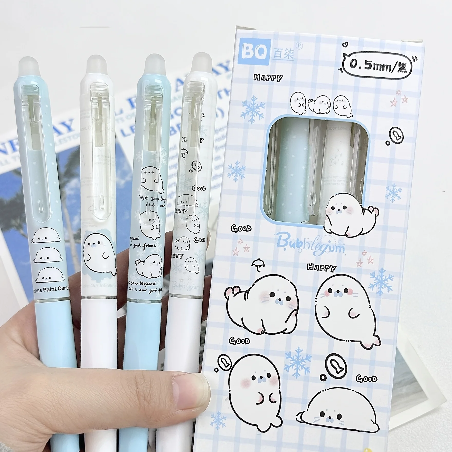 8-Pack of Black Gel Pens with Random Designs, Featuring a Cute Seal Shape, High Aesthetic Appeal, Retractable and Erasable, Suitable for Elementary School Students, Easy-To-Erase Black Gel Pens, Essential for Study and Office Use, Black Signature Pens