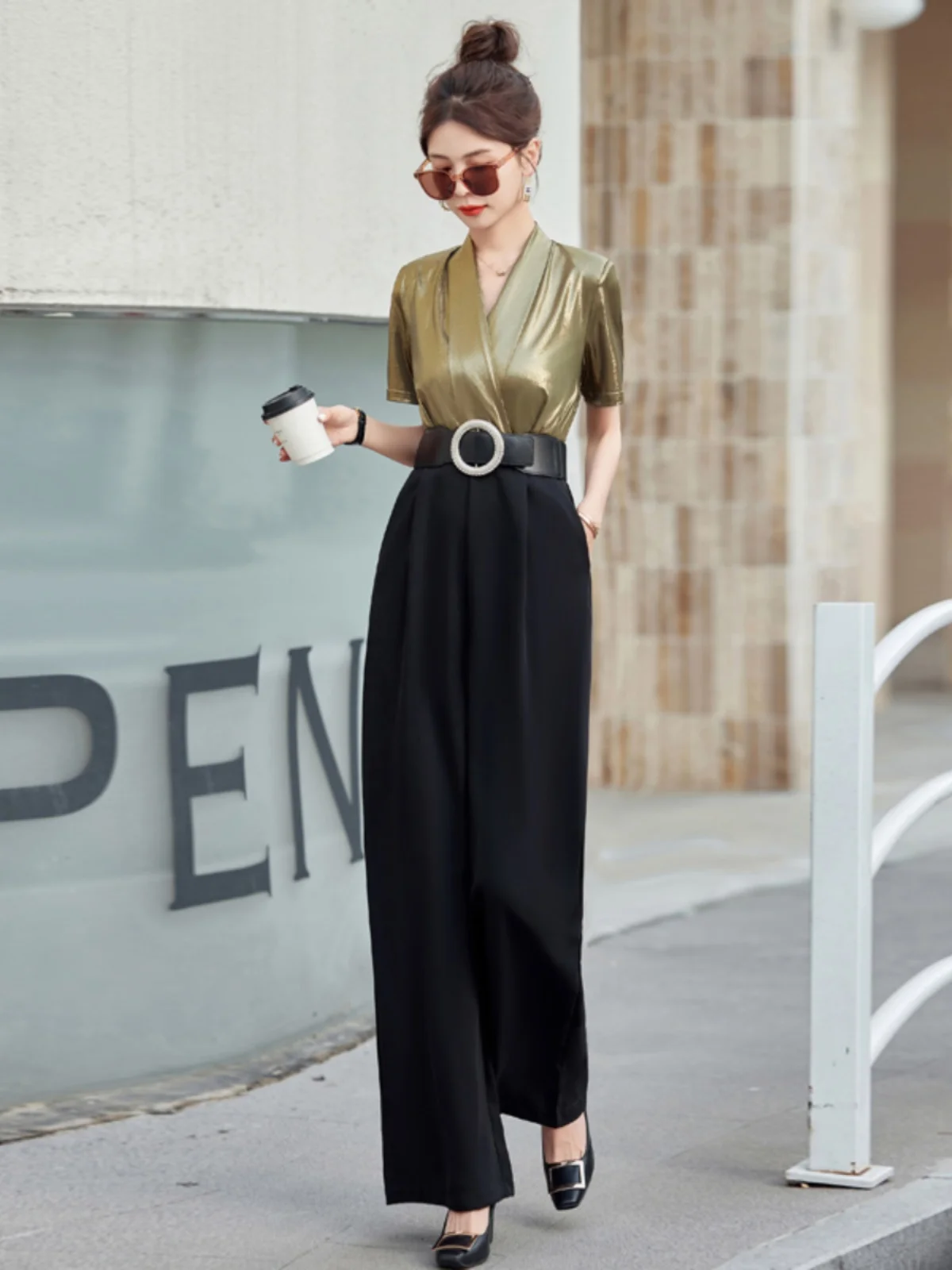 

Ele High-Cold Lady Sle V-Ne-Piece Pants Women's Slim Straight Wide Leg Summer New ort Sve Patchwork Onesie