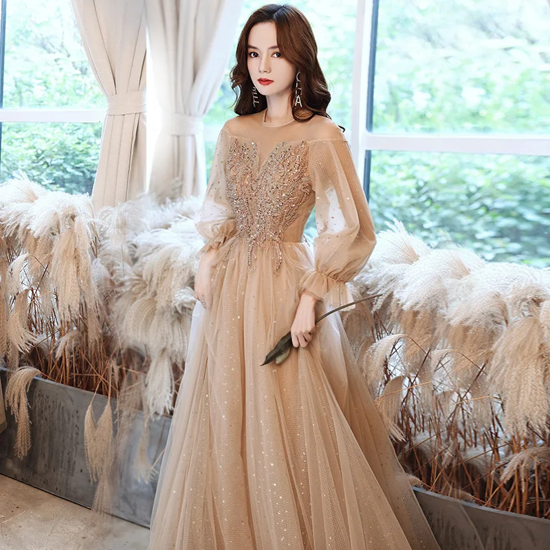 

Illusion Sexy V-neck Long Sleeves Evening Dresses Shiny Sequined Applique Lace Birthday Party Gown Champagne Bridesmaid Dress