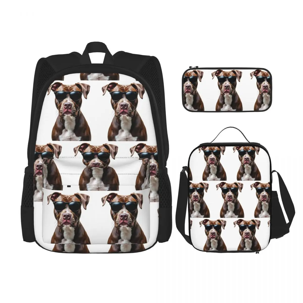 

Funny Cool Pitbull Wearing Sunglasses Backpacks Students Bookbag School Bags Rucksack Lunch Bag Pen Bag Three-Piece Set