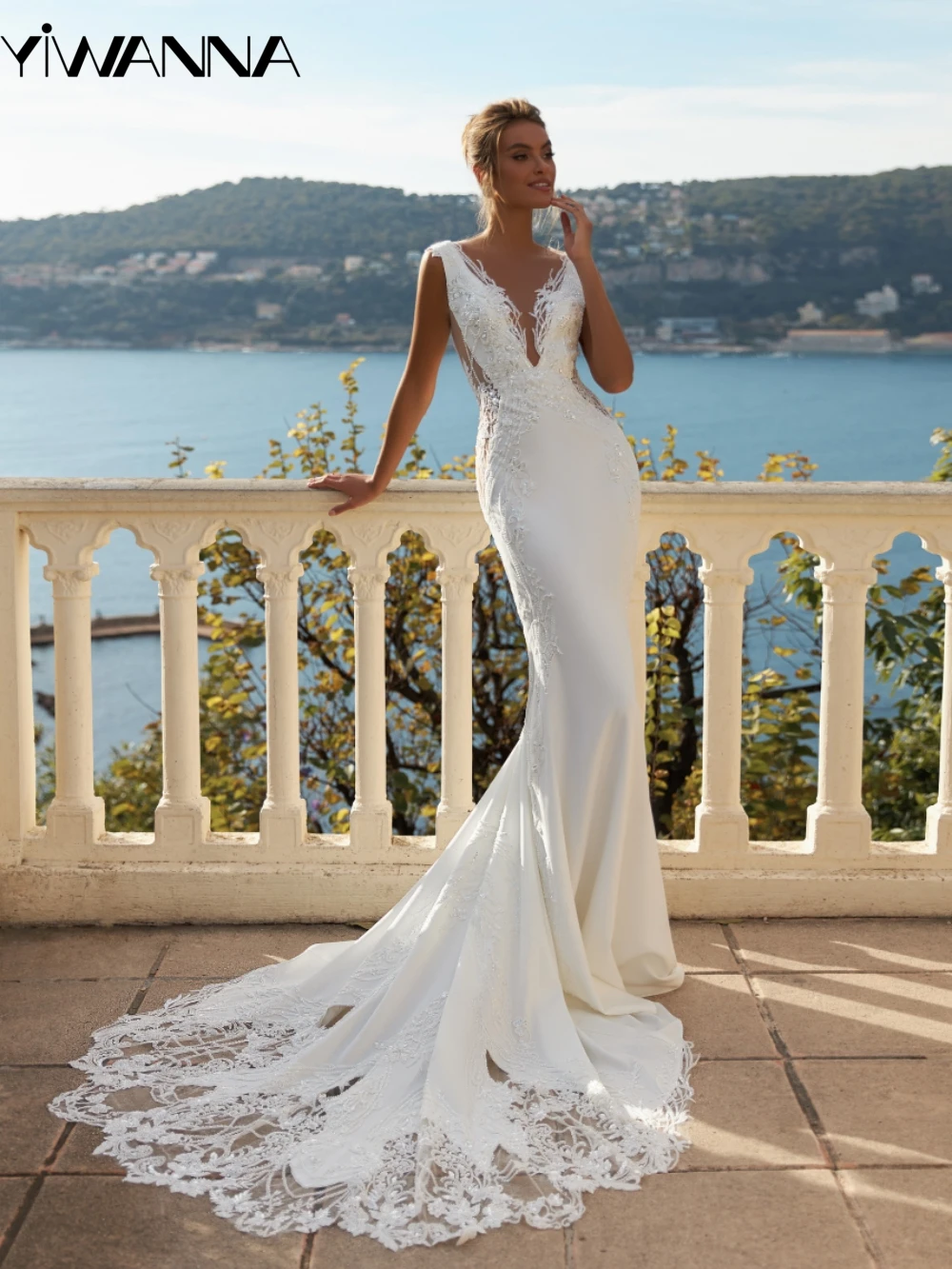 

2024 Glitter Sequins Beads Wedding Dress Lace Appliques Mermaid Bride Robe Deep V-neck Sleeveless Bridal Gown Robe De Mariée