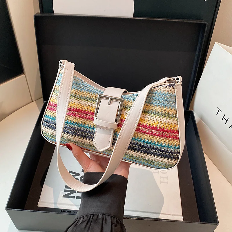 

Fashion Colorful Straw Shoulder Bags For Women, Summer Beach Underarm Bag For Vacation/Travel, Casual Ladies Handbags And Purses