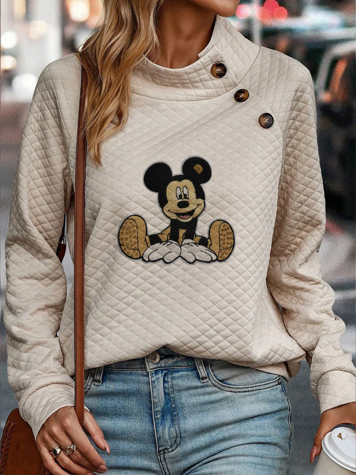 Disney 2024 Anime Fashion Button Mickey Mouse Embroidery Hoodies Spring Autumn Cartoon O-Neck Top Clothing