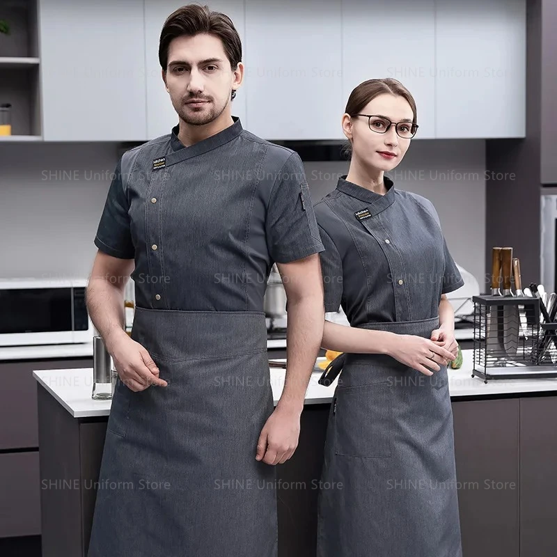Short Sleeve coat Chef Uniform Breathable Kitchen Cooking Jacket Restaurant Hotel Cafe Barber Shop Waiter Work Shirt Unisex Logo