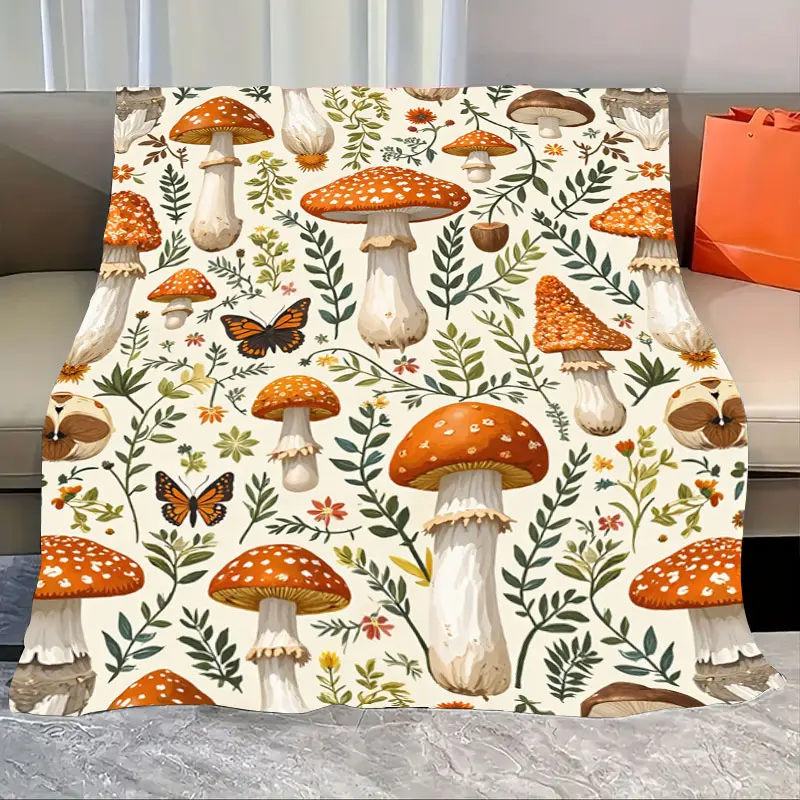 

1 шт. фланелевое одеяло, очаровательное одеяло с принтом грибов и бабочек для уютного домашнего декора