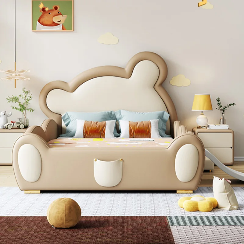 Muebles para niños, Tobogán, cama de niño y niña, barandilla de dibujos animados, forma de cabeza de cama de oso, cama juvenil moderna, caja alta