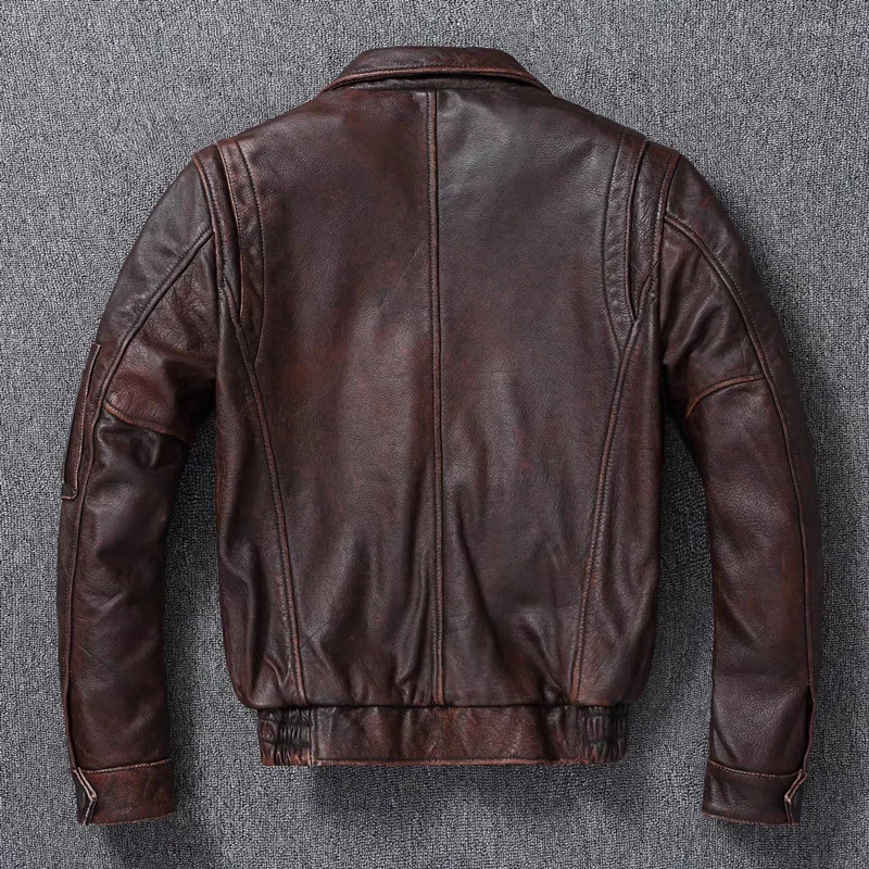 New Men's Genuine Leather Jacket Vintage Stone Milled Top Layer Cowhide Bomber Jacket A2 Brown Men's Calfskin Motorcycle Jacket