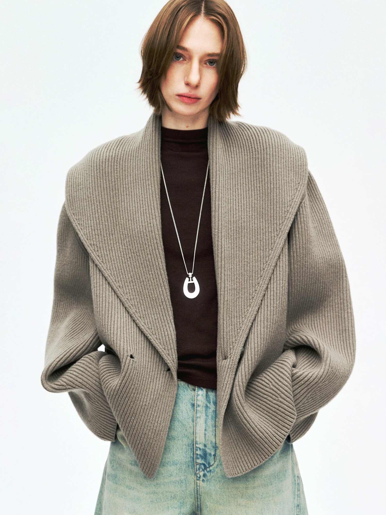 

MRS Studios Thiened Merino Wool Open Cardigan Loose Fit Casual Sle Long Sve een Collar Knitted Women's Sweater