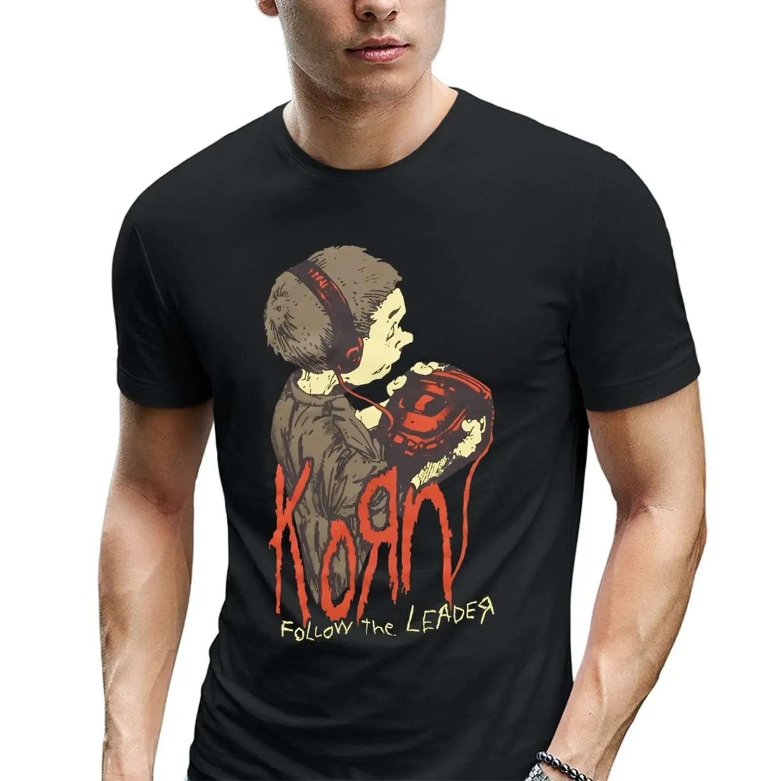 Crewneck Korn Follow The Leader Walkman T-Shirt Black Hi-Res USA Size Tees Y2K tops Unisex Summer Short Sleeve