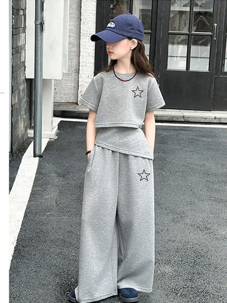 Summer Girls Cotton Crop Leisure Star T-Shirt Top+Loose Sweatpant Workout Set School Kids 2PCS Tracksuit Children Outfit