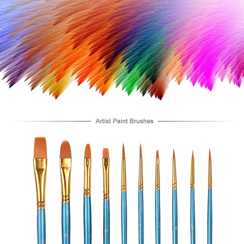 Multifuncional Nylon Hair Paintbrushes Set, portátil Paint Brush Set, Rock Tecido Pintura a Óleo, 10pcs