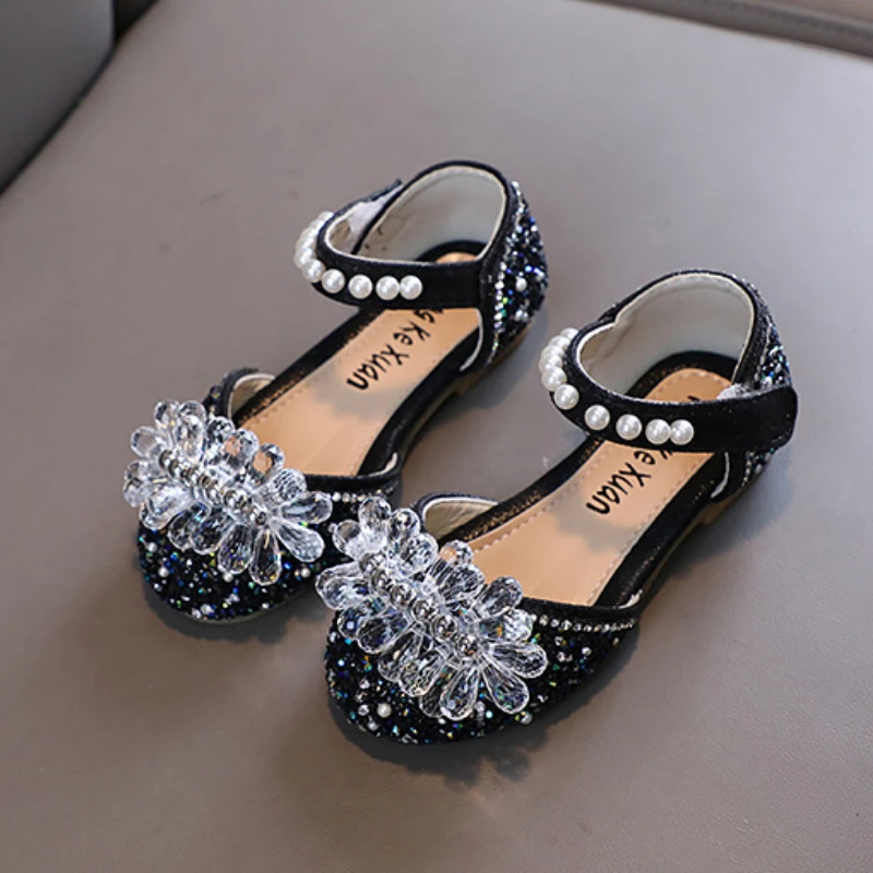 Summer Girl Rhinestone Sandals Beading Fashion Sequins Kid Princess Stage Dress Shoes Non-slip Flat Heels Children Beach Sandals