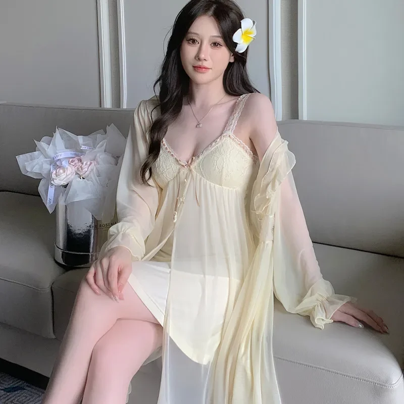 Twinset Mesh Lace Robe Set Women Kimono Sleepwear Nightdress Homewear Summer Bathrobe Gown Suit Nightgown Loungewear