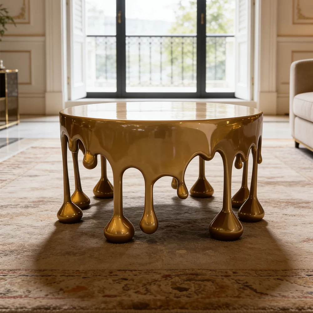 loModern Gold Melting Coffee Table Fiberglass Round Liquid Metal Side Desk Unique Art Design Centerpiece for Living Room Decor&