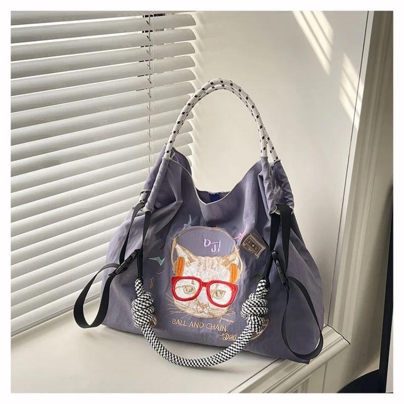 

2026 New Kawaii Ball Chain Canvas Bag Embroidery Bag Large-Capacity Girl Cute Handbag Shopping Cat pattern Bag Shoulder Bag