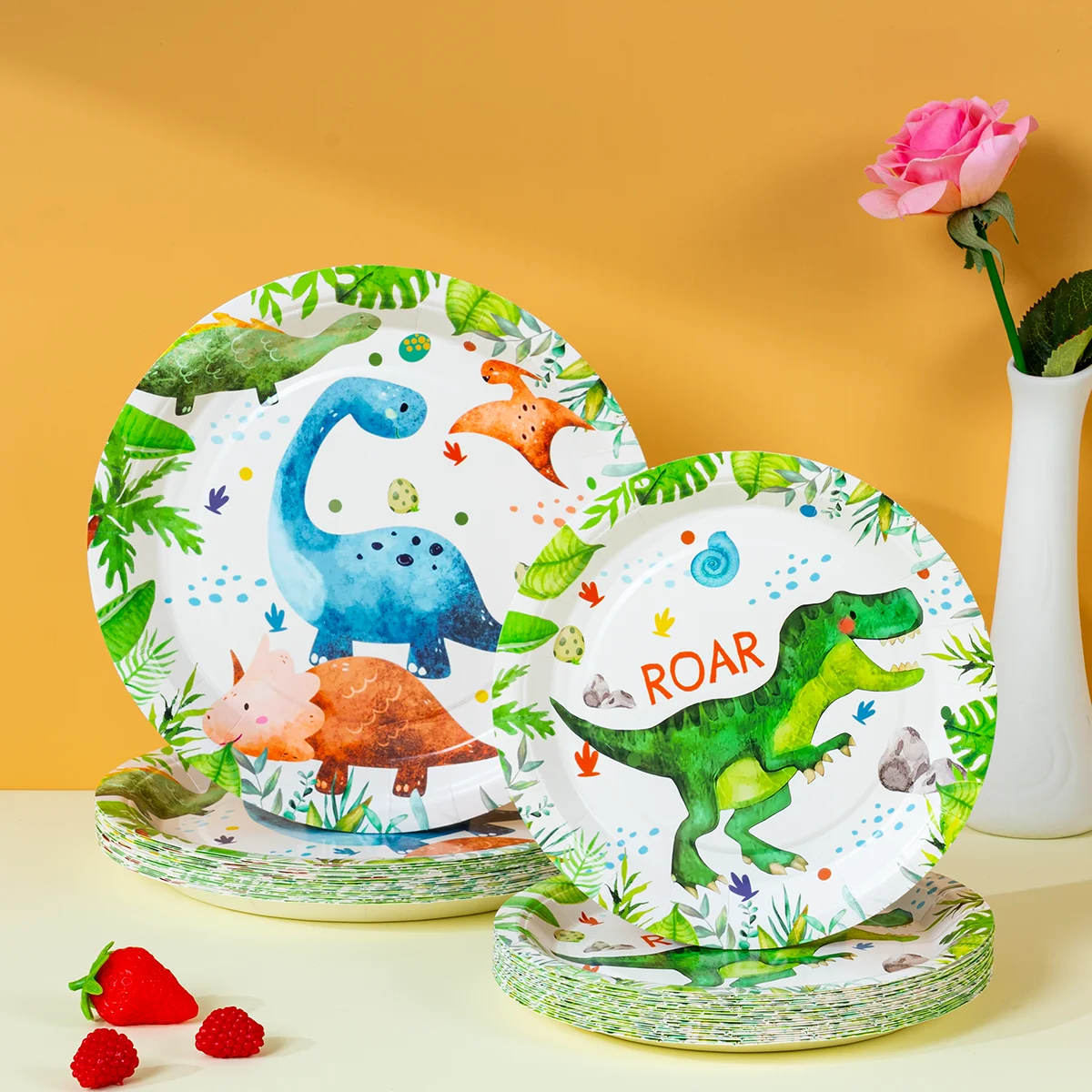 Assiettes en papier à thème dinosaure, assiettes jetables avec impression aquarelle pour la décoration de fête d'anniversaire