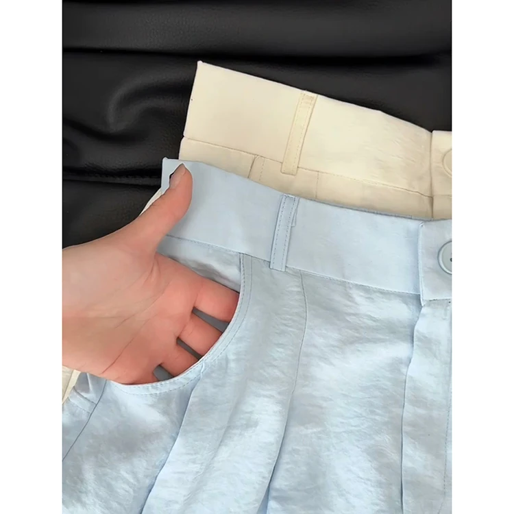 Pantalon décontracté en soie glacée bleue pour femmes, pantalon de costume fin à Texture plissée, taille haute, jambe droite, coupe ample, nouvelle collection été