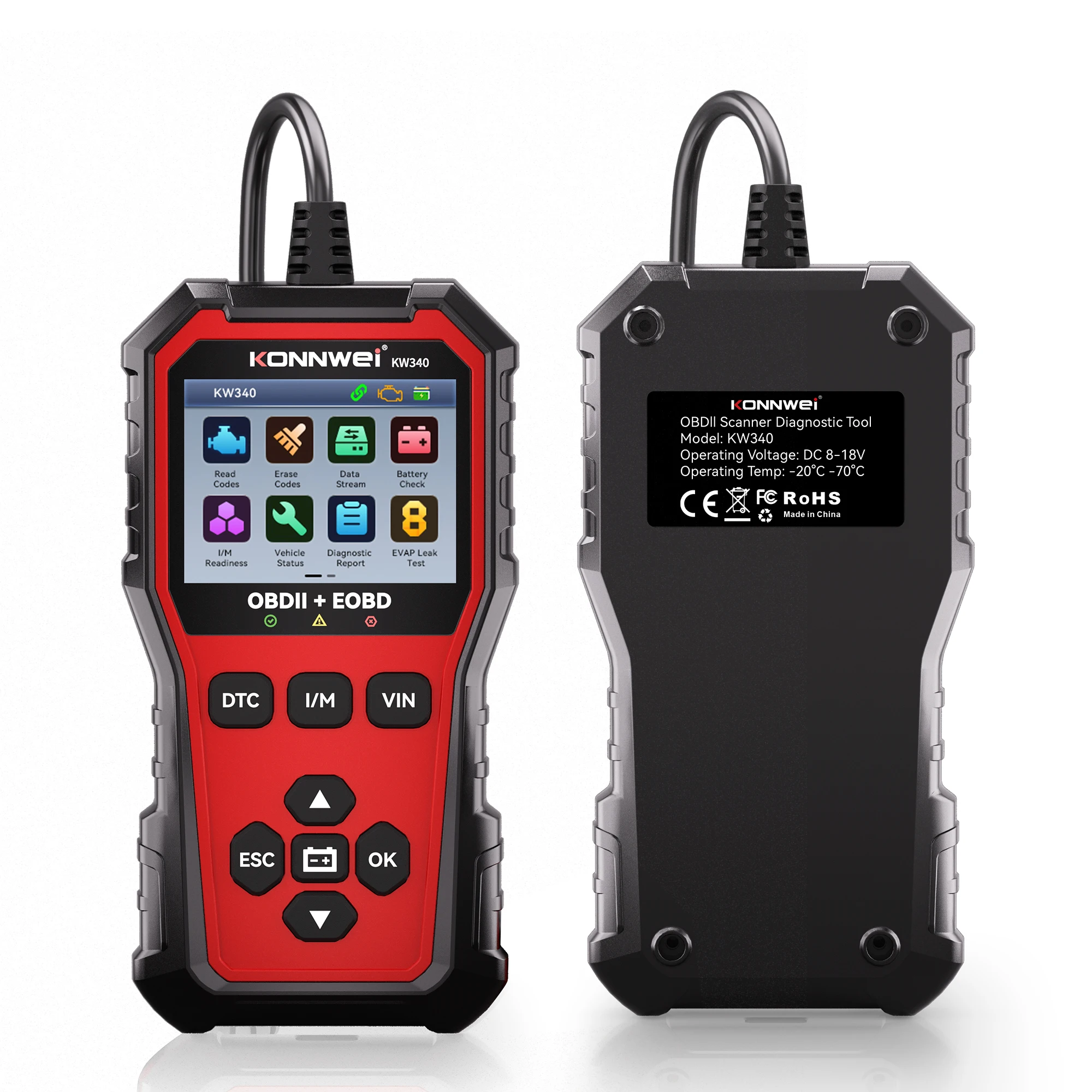 2026 KW340 KONNWEI Car CAN OBD2 EOBD Diagnostic Tool Engine Battery Test Fault Code Clear Real-Time Data O2 Inspection Tool