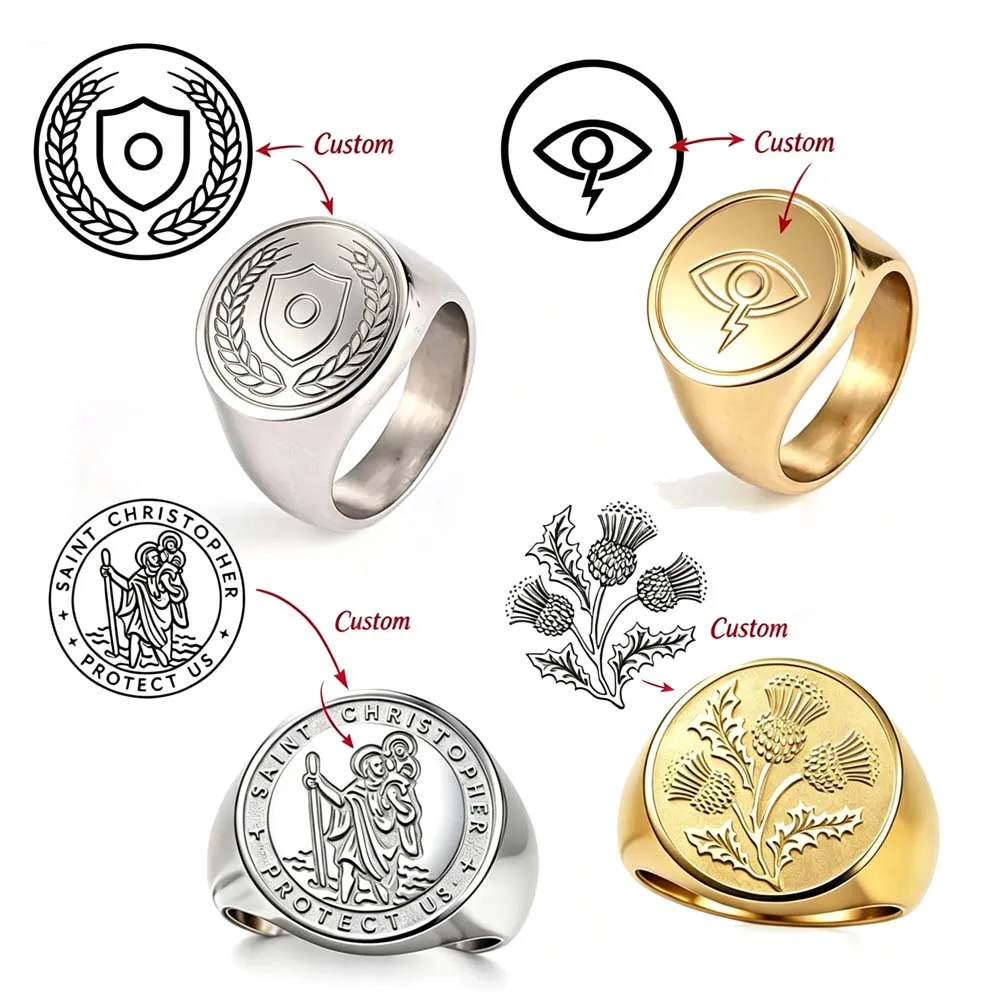 Club Family Crest Engrave Signet Finger Ring Logo Personalized Custom Matching Couple Gift For Woman Men Stainless Steel Jewelry