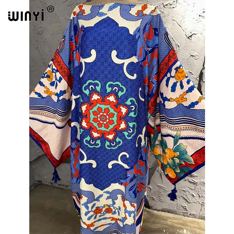 WINYI summer Runway Designer Elegant holiday party Dress Women Long Sleeve fashion Print Middle East robe Female loose kaftan