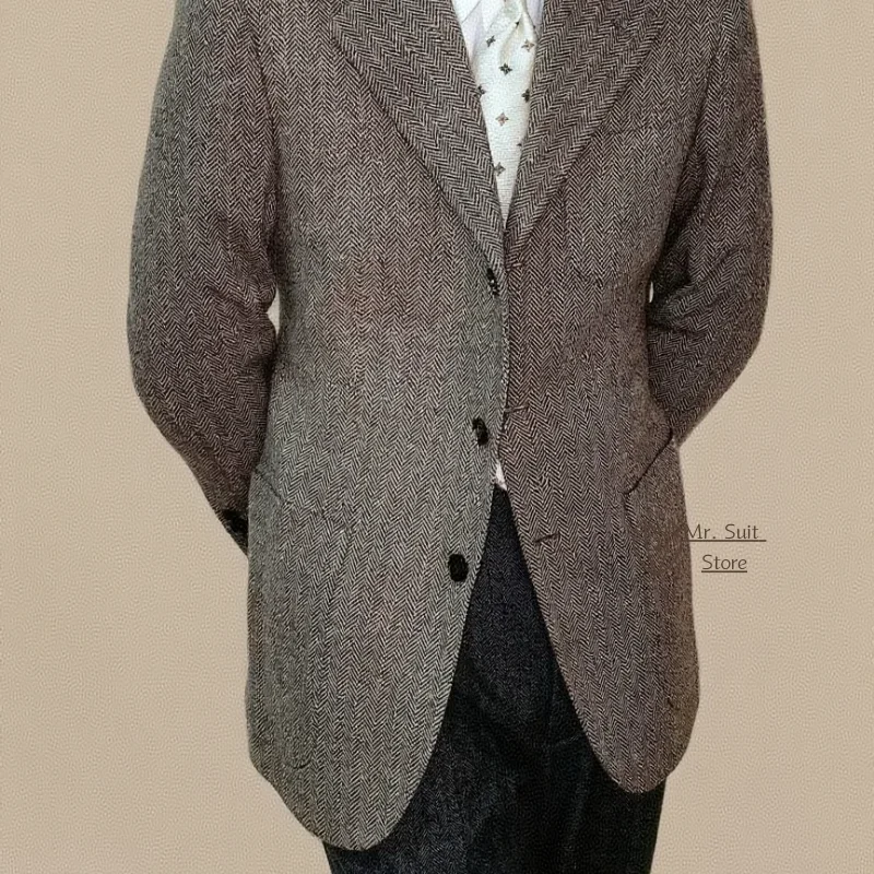 سترة بدلة رجالية باللون الأسود والرمادي مع نمط متعرج واحد الصدر بريطاني للأناقة الخارجية سترة تويد للرجال معاطف