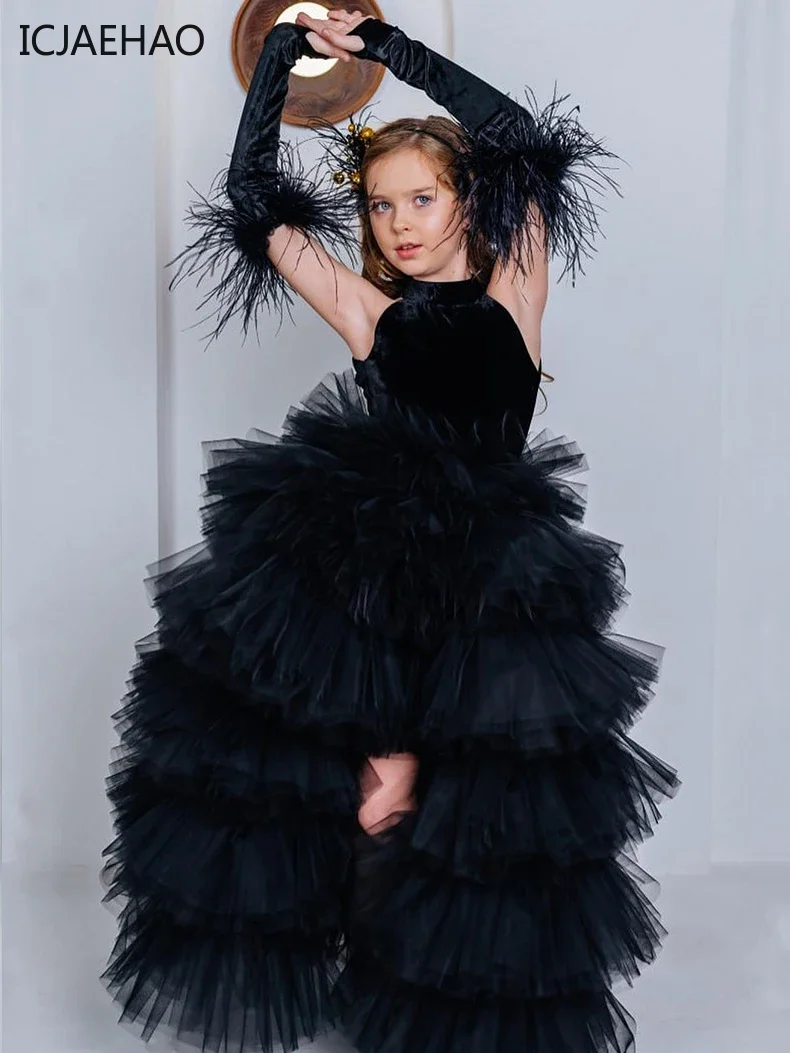 Robe noire en tulle haut-bas pour filles, col licou, robe de soirée élégante pour enfants, tenue formelle élégante avec jupe à plusieurs niveaux