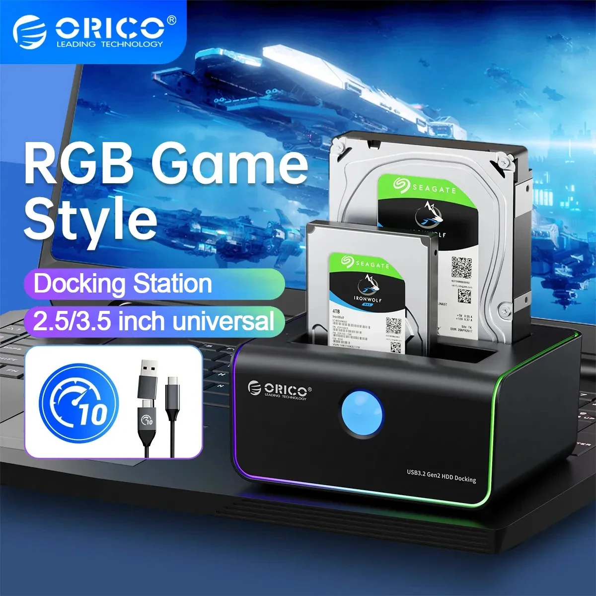 

ORICO RGB HDD Docking Station Type-C 10Gbps Adapter for 2.5" 3.5" inch Hard Drive Enclosure Dual Bay HDD Box Dock Hard Disk Case