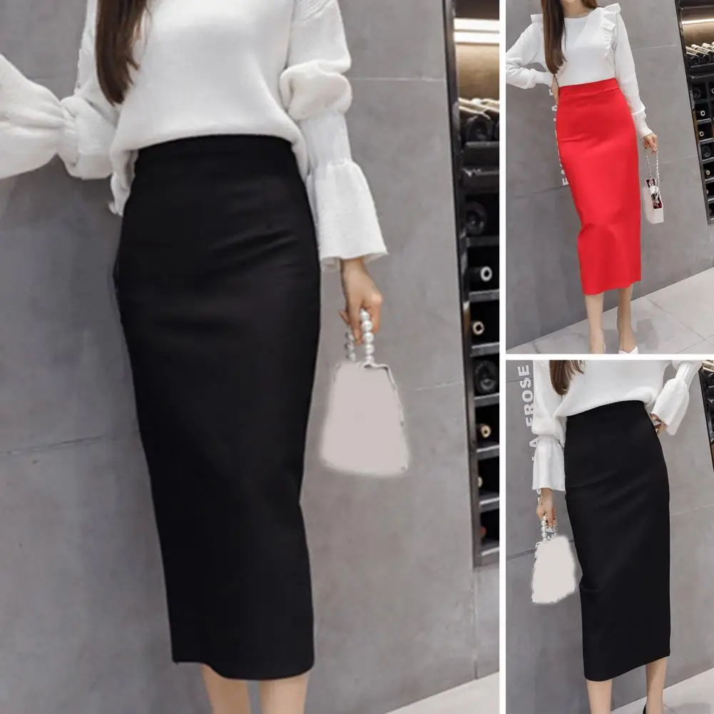 Fashion Pencil Skirt Woman Vintage Zipper Midi Skirts Elegant Work Slim Hip Overskirts Female Split Hem Solid Dresses Office