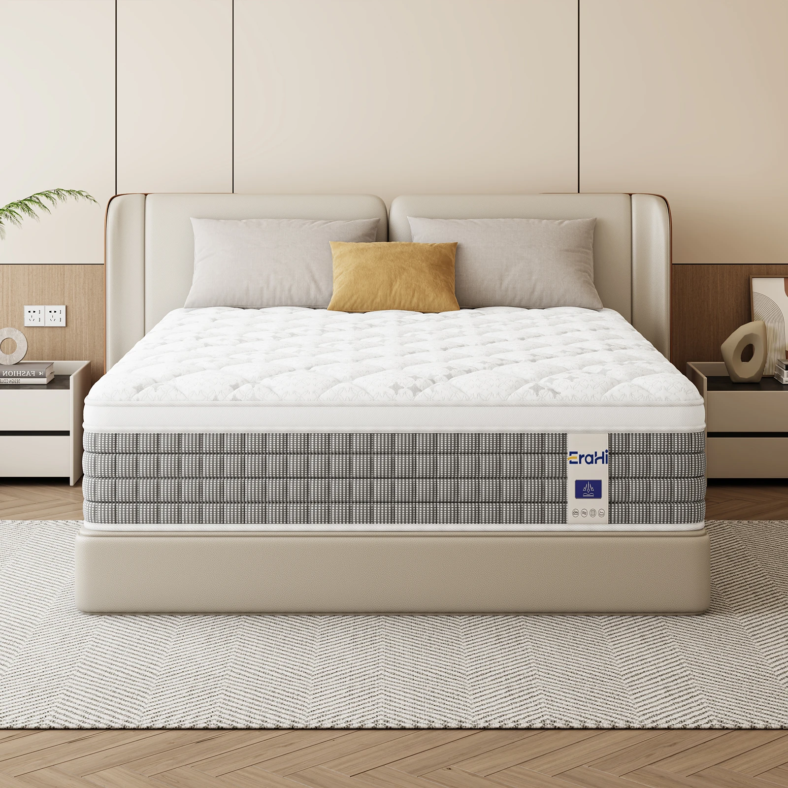 12/14inch Hybrid Mattress in a Box with Individually Pocketed Springs - Medium Firm Support, Pressure Relief & Lumbar, Bed Top - Foam & Fire-Resistant Suitable for Twin, Full, Queen, King Beds