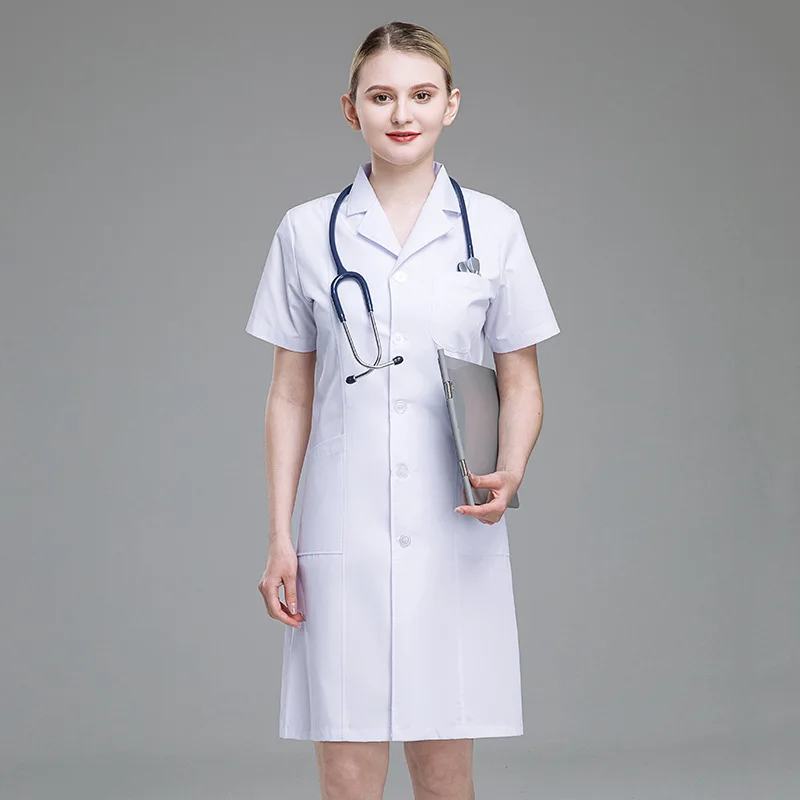 

White Coat Long Dental Lab Pharmacy Doctor Women Short Sleeve Jacket Nurse Uniform