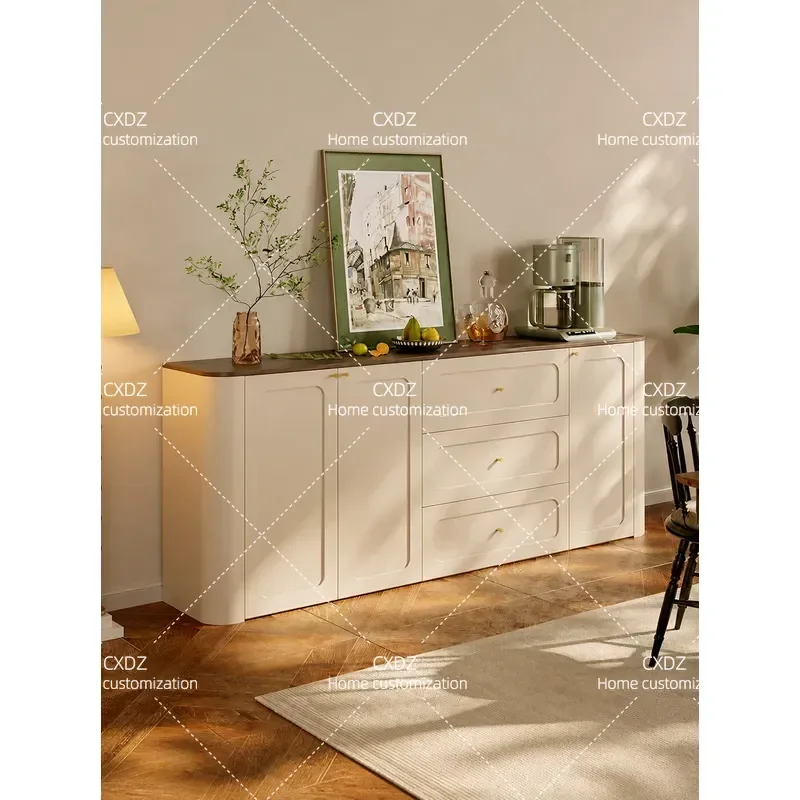 French retro cream style dining side cabinet, chest cabinet integrated small apartment tea cabinet, living room locker, arc