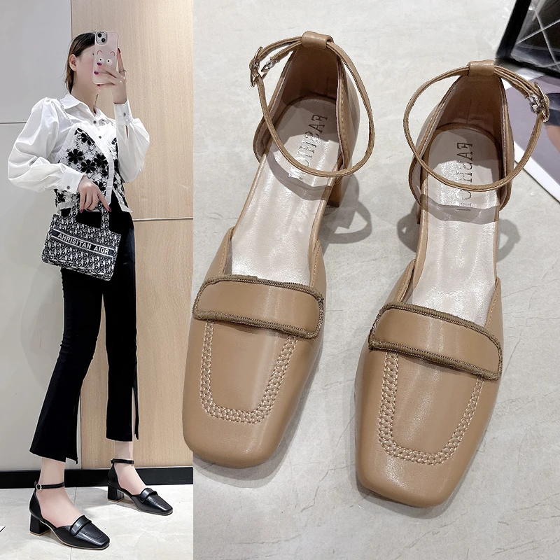 

Women Sandals Genuine New Summer Mid Heels Leather Shoes Ankle Strap Thick Heels Buckle Latch Sandals Buckle Strap Lady Footwear