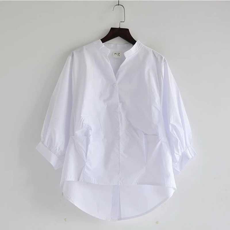 Korean loose plus size women's lantern sleeve shirt with irregular back slit, solid color V-neck top, trendy