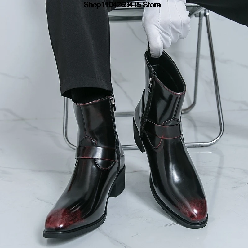 Autumn Fashion Business Formal Wedding High Top Shoes Brand Pointed Bright Color High Heels Chelsea Men's Ankle Boots