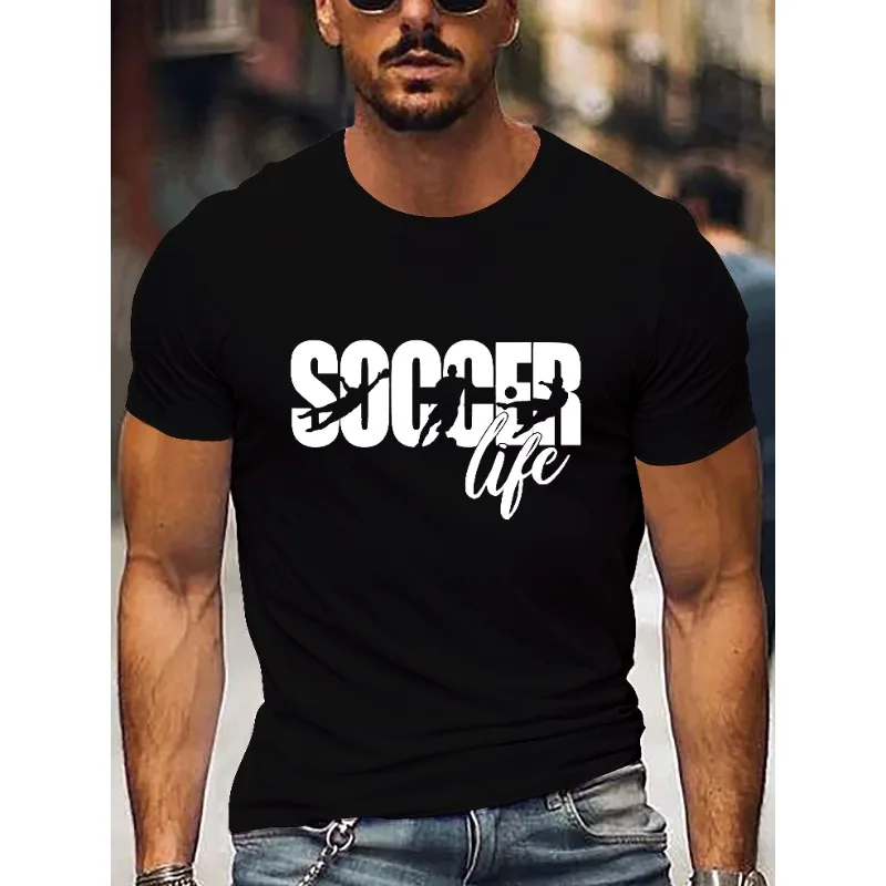 Playing Football Printed Men's Short-sleeve T-shirt, Can Be Worn In Summer, Comfortable And Breathable