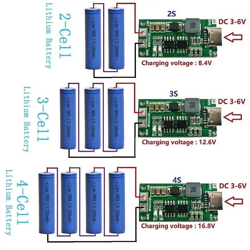 Multi-Cell 2S 3S 4S Type-C To 8.4V 12.6V 16.8V Step-Up Boost LiPo Polymer Li-Ion Charger 7.4V 11.1V 14.8V 18650 Lithium Battery